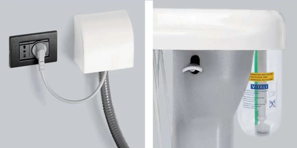 Two-panel medical setup: left shows a wall outlet with a plug and a coiled cord; right shows a white device with a connected bag labeled Vital.