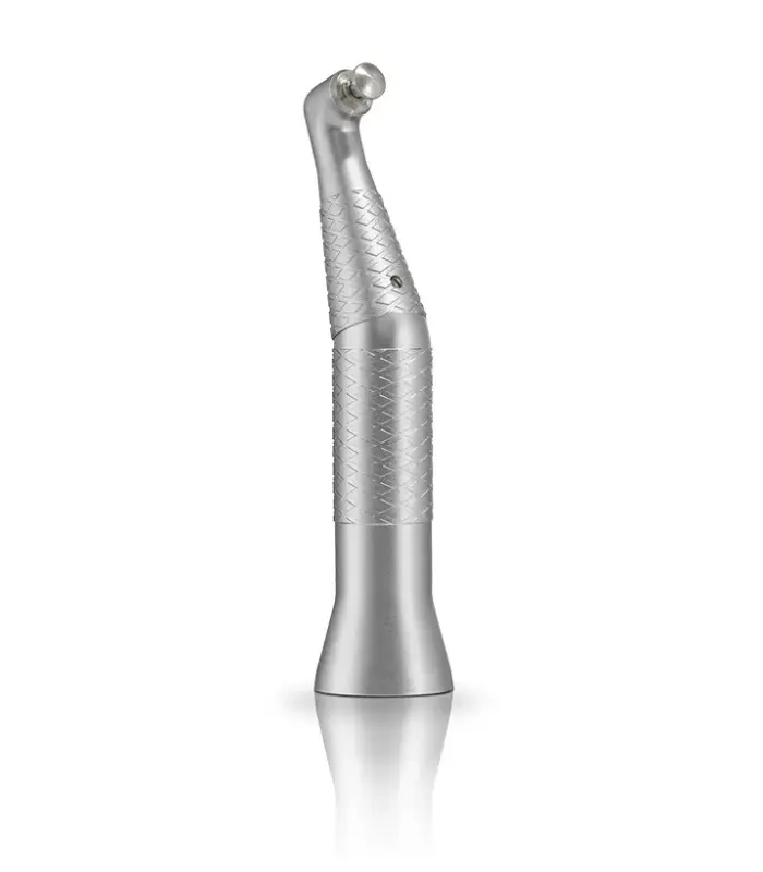 Bien-Air-CAP-15-1- (6) Silver dental handpiece (drill) with knurled grip, standing on a reflective surface used by dentists for tooth drilling and preparation.
