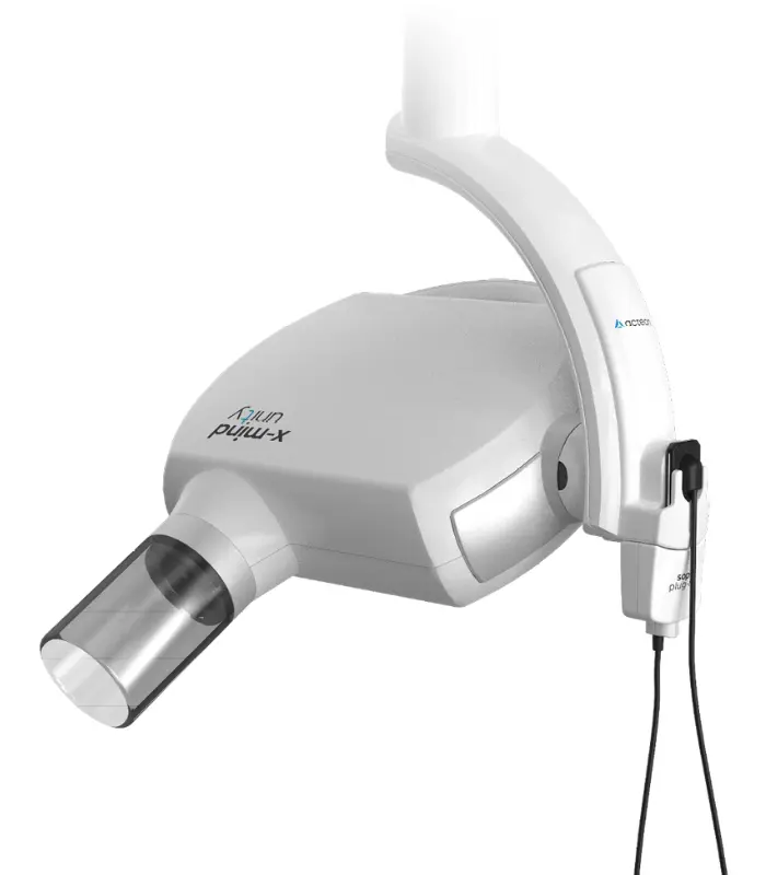 Dental panoramic X-ray machine with a curved arm and cylindrical sensor at the front.