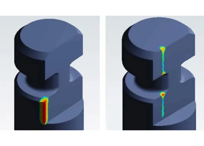 Two side-by-side 3D blue mechanical parts with heat-map overlays showing hotspots (left image concentrated at a vertical area, right image along a vertical path).